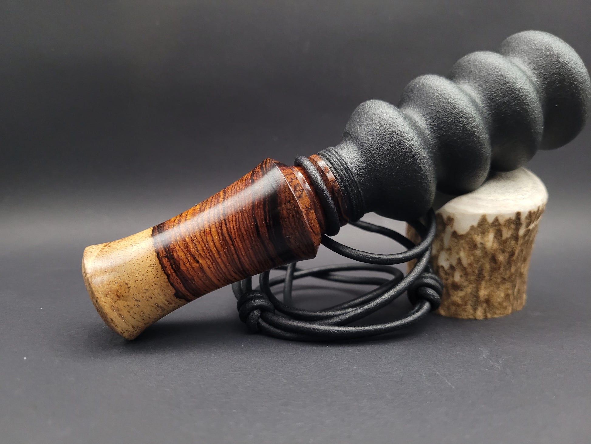 Handcrafted wooden double reed squirrel call in Crosscut Sappy Cocobolo