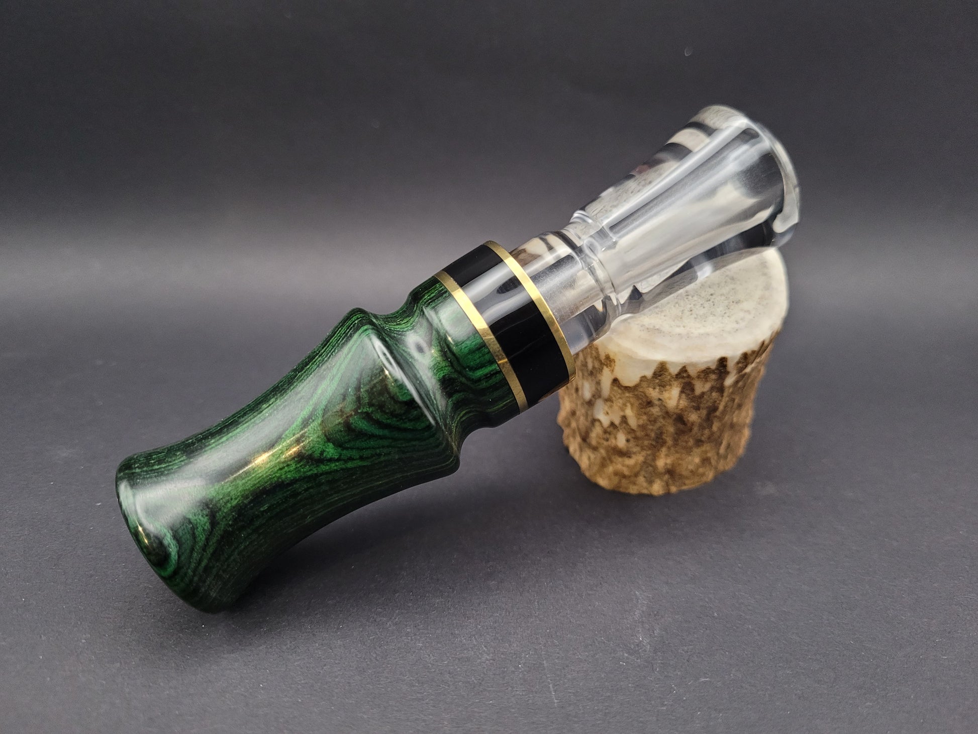Green dymondwood and smoke acrylic J-frame single reed duck call