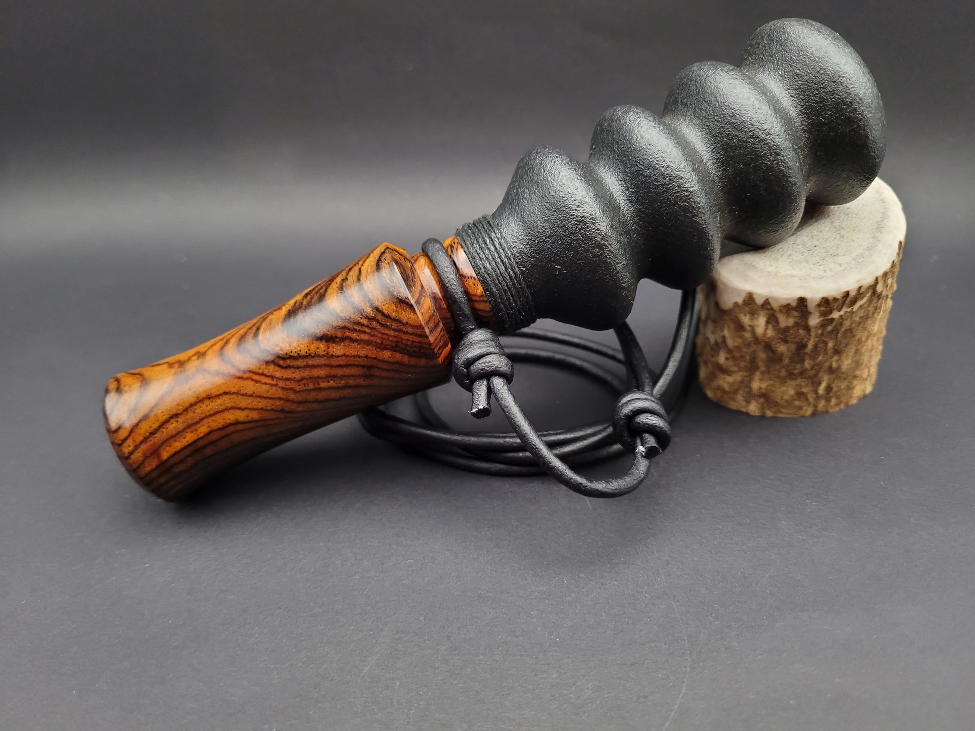 Handcrafted wooden double reed squirrel call in Cocobolo