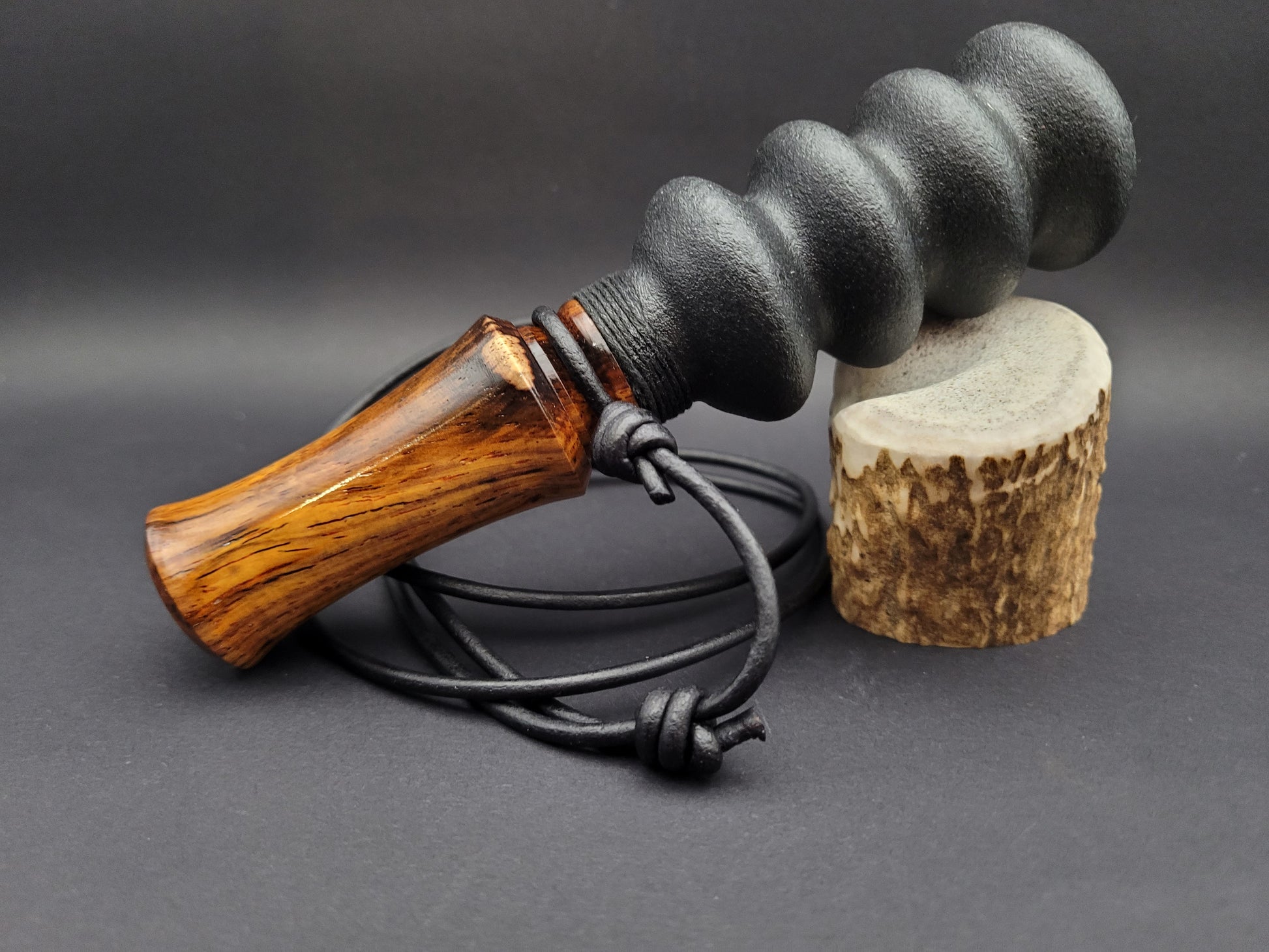 Handcrafted wooden double reed squirrel call in Cocobolo
