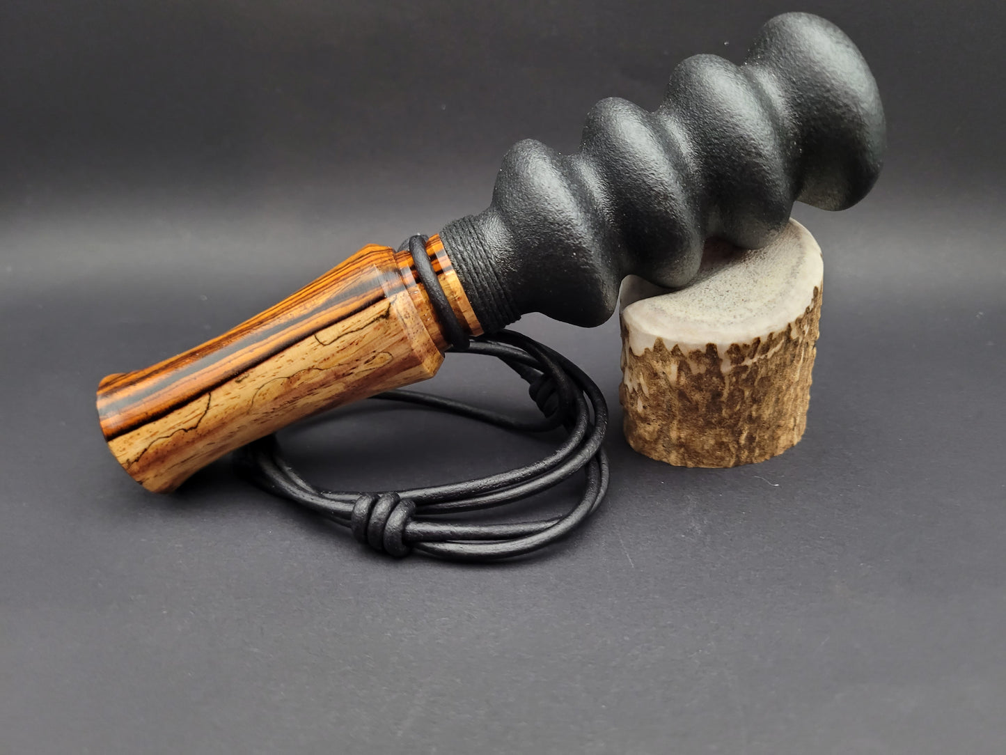 Handcrafted wooden double reed squirrel call in Sappy Cocobolo