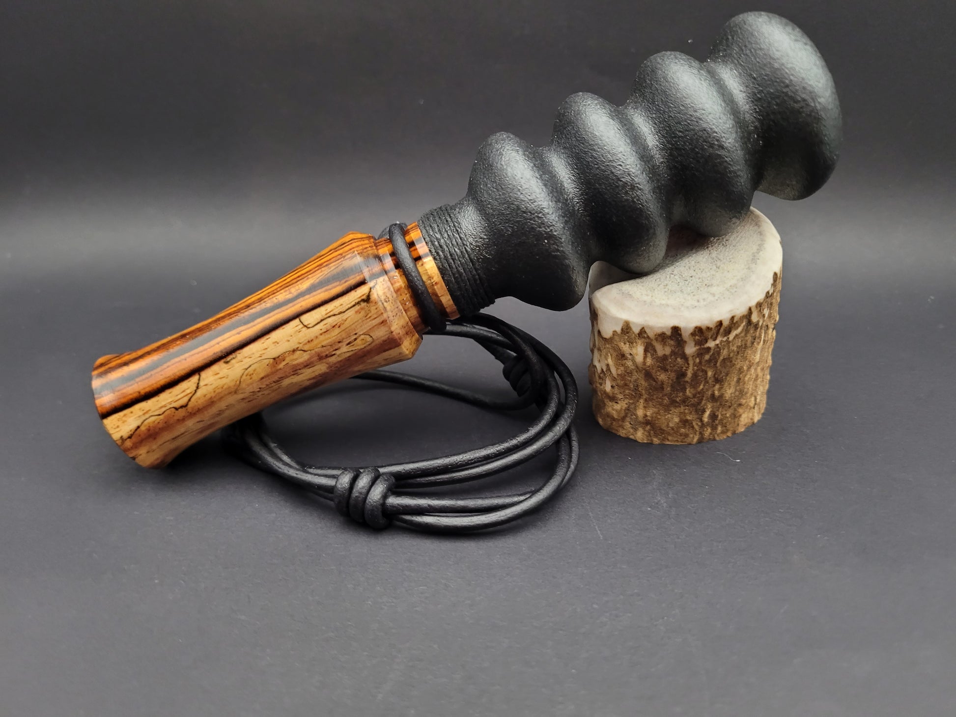 Handcrafted wooden double reed squirrel call in Sappy Cocobolo